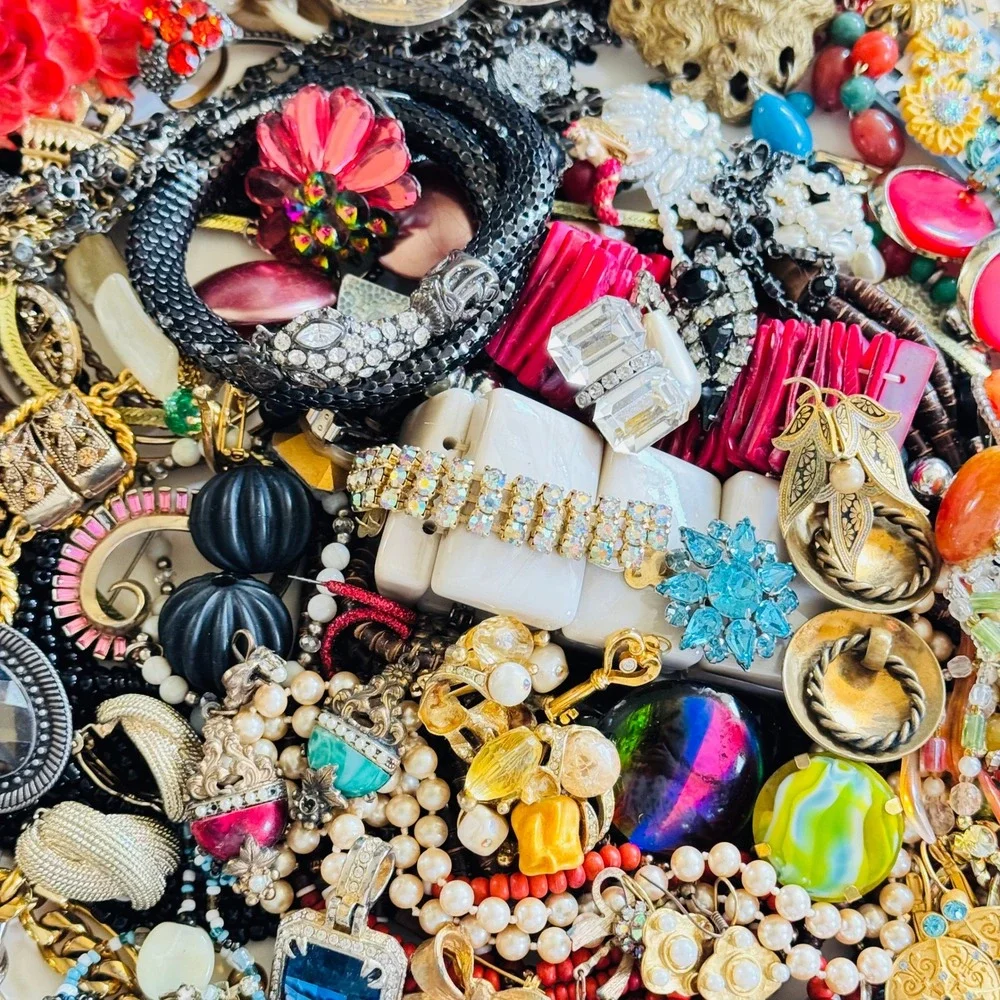 VTG To Now Rhinestone Colorful Junk Costume Jewelry Lot Craft Arts As Is 4.3lbs